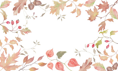 Autumn watercolor floral frame featuring oak leaves, maple leaves, and berries.  Autumn holiday designs. Hand-drawn illustration. Vector EPS.