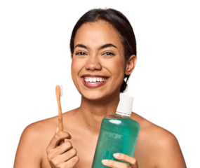 Young Filipino with toothbrush and mouthwash, oral care
