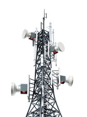 Steel telecommunications tower with satellite dishes on transparent background. 3D illustration