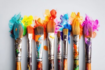 A collection of artist brushes covered in various colorful paint splashes resting on a white paper background.