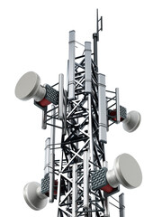 Steel telecommunications tower with satellite dishes on transparent background. 3D illustration