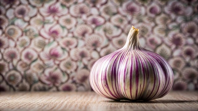 Single garlic bulb with a prominent purple stripe