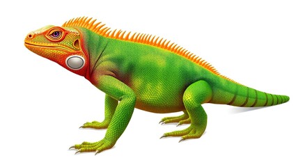 Obraz premium Realistic side-profile illustration of a green iguana on white background. Shows detailed scaly skin, orange spines, banded tail, textured head, and sharp claws. Natural reptile beauty.