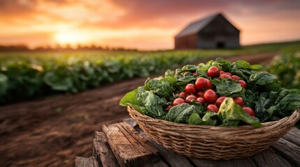 A basket filled with freshly harvested tomatoes and greens sits on a wooden table in a serene farm landscape at sunset, highlighting the beauty of agricultural abundance and sustainability.