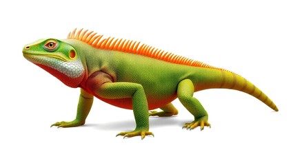 Obraz premium Realistic side-profile illustration of a green iguana on white background. Shows detailed scaly skin, orange spines, banded tail, textured head, and sharp claws. Natural reptile beauty.