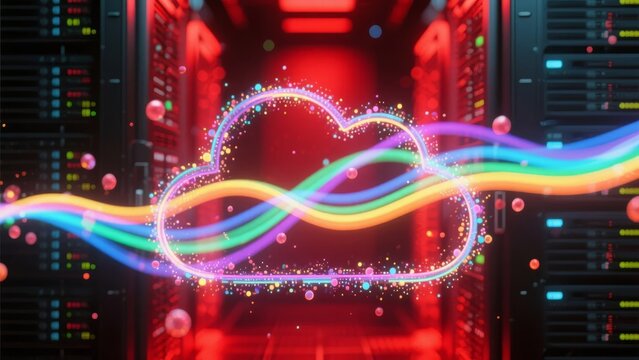Colorful Cloud Icon with Rainbow Lines in a Server Room