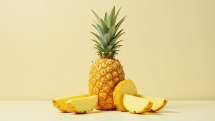 Sweet and Juicy Pineapple Sits Elegantly with Freshly Cut Halves on a Minimalist Background