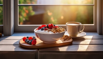 bowl of yogurt with berries granola and coffee by the window for a healthy breakfast