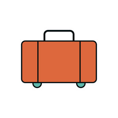 Minimalist Luggage Icon Depicting a Bright Rust-Orange Roller Suitcase with Bold Contours, Vertical Black Stripes Indicating Compartments, Dual Cyan Wheels, and an Arched Top Handle