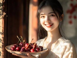 Japanese woman holding an plate with cherries.
