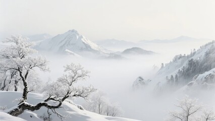 Snow-covered landscape with misty mountains and frost-laden trees under a soft, diffused light