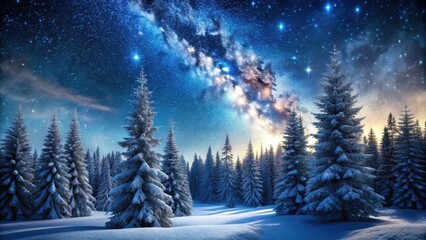 Naklejka premium Snow-covered forest landscape with tall evergreen trees and a starry night sky