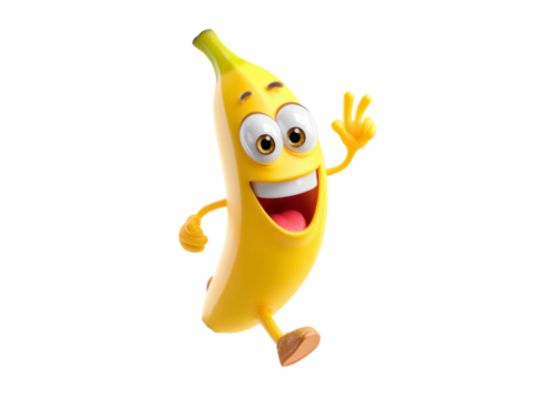 Happy running banana cartoon character 3d render, Isolated On White, Png Transparent