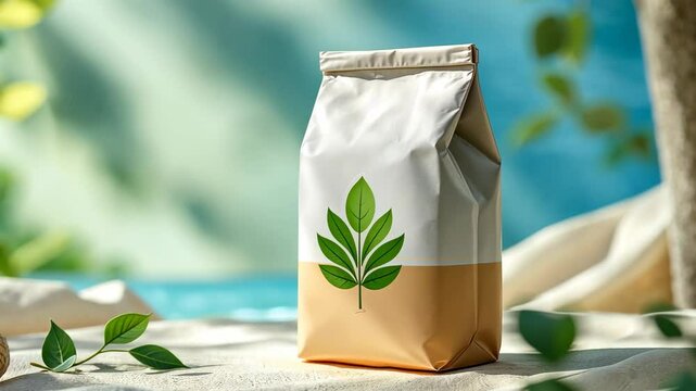 Package with a leaf design on sandy surface with natural background.