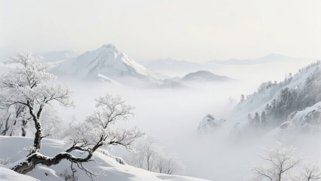 Snow-covered landscape with misty mountains and frost-laden trees under a soft, diffused light