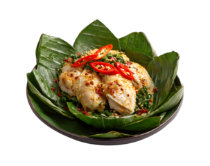 Indonesian food of steamed chicken with spices, placed on banana leaves and served on a plate isolated on a transparent background