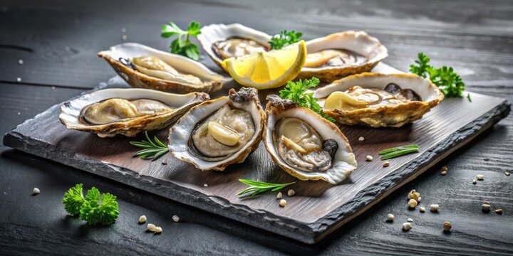 Freshly shucked oysters on slate platter