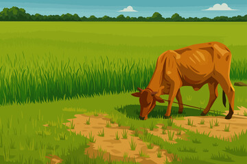 This is a digital illustration of a serene rural landscape featuring a brown cow grazing in a lush green rice field. The cow is tethered with a rope and is feeding on a patch of grass where the soil i
