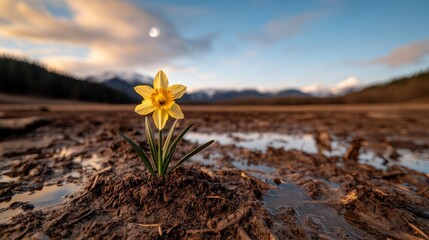 A single yellow daffodil rises from the muddy ground, showcasing resilience and beauty amidst adversity, symbolizing hope and renewal in a challenging environment. © Larisa AI