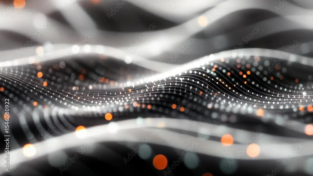 Poster abstract digital wave with glowing particles on a dark background, showing data flow and connection.