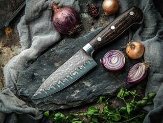 Onion and knife is laying on lovely black stone .