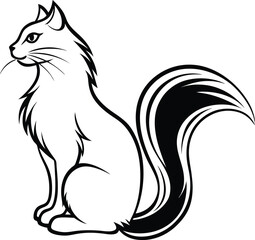 Obraz premium Stylized black and white illustration of a sitting cat with a bushy tail