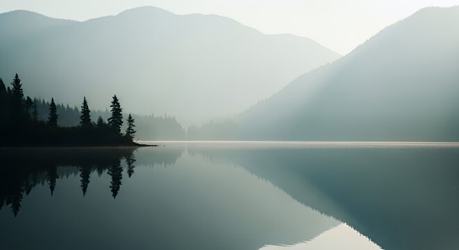Tranquil Lake Reflection with Foggy Mountains and Evergreen Trees