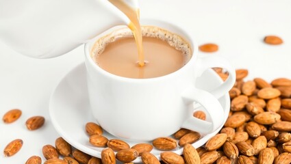 Close-up of a white ceramic cup filled with frothy coffee, surrounded by scattered almonds on a white background, coffee being poured from a matching pitcher.

