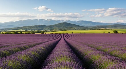 Fototapeta premium Lavender Field in Provence Purple Flowers Against Mountain Backdrop