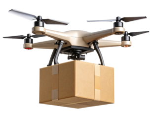 Modern Delivery Drone Carrying Parcel Box Mid-Flight – Isolated On Transparent background.