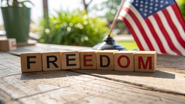 Brown textured wood with American flag, Constitution text, and a symbol of USA election day concept 4th july