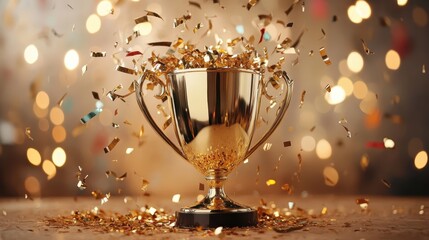 A shiny gold trophy surrounded by golden confetti captures the celebratory spirit of achievement and success, creating a vibrant and joyful atmosphere.