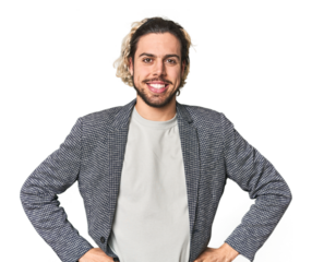 Young businessman in casual blazer confident keeping hands on hips.