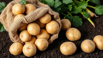 Rustic burlap sack filled with unpeeled potatoes spilling onto dark soil, soft-focus green leaves in background, warm natural lighting highlights texture.


