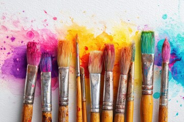 Obraz premium A vibrant image featuring a group of artist paint brushes against a colorful background with paint splashes on white paper. Ideal for art and creativity concepts.