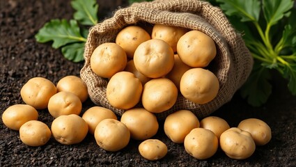 Rustic burlap sack filled with unpeeled potatoes spilling onto dark soil, soft-focus green leaves in background, warm natural lighting highlights texture.

