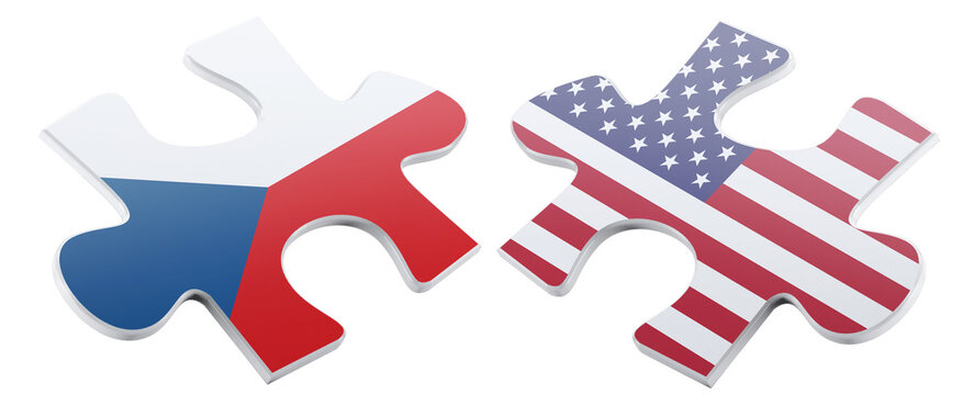 Two puzzle pieces, one featuring the Czech Republic flag and the other the American flag, represent the connection between these two countries using international relations. - Powered by Adobe