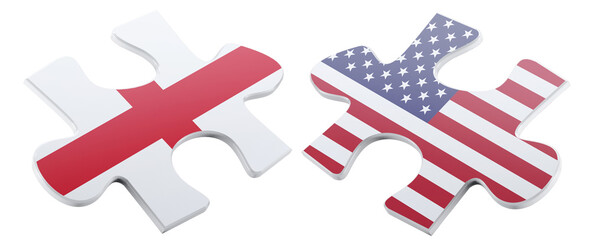 Conceptual image depicting two puzzle pieces, one adorned with the flag of England and the other with the USA flag, symbolizing connection and partnership between nations.
