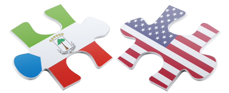 This image shows jigsaw puzzle pieces featuring the Equatorial Guinea and USA flags, symbolizing a connection or partnership, rendered in a clean, 3D style against a dark