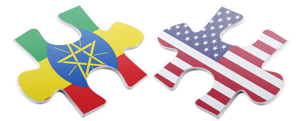Fototapeta premium Two puzzle pieces, one adorned with the colors and emblem of Ethiopia's flag, the other showcasing the Stars and Stripes of the USA, illustrating international connection.