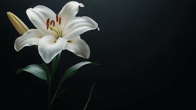 Close-up of a single white lily against a black background