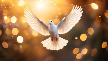 peaceful white dove soaring through golden bokeh light representing hope freedom and spiritual celebration imagery
