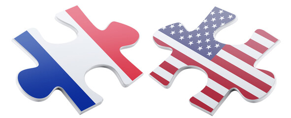 Two puzzle pieces, one adorned with the French flag and the other featuring the American flag,...