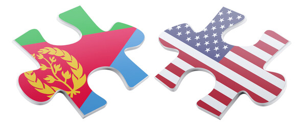 Two jigsaw puzzle pieces, one featuring the flag of Eritrea and the other displaying the American flag, symbolize international relations and the connection between countries.