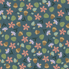 Echinacea flowers vector seamless pattern. Floral surface design of coneflowers, leaves and acorns