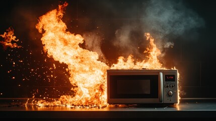 A microwave catches fire with flames and smoke erupting dramatically, illustrating the danger of electrical appliances in a striking and visually impactful scene.