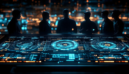 Silhouetted figures stand behind a tech panel with glowing circular displays against a blurred, modern background