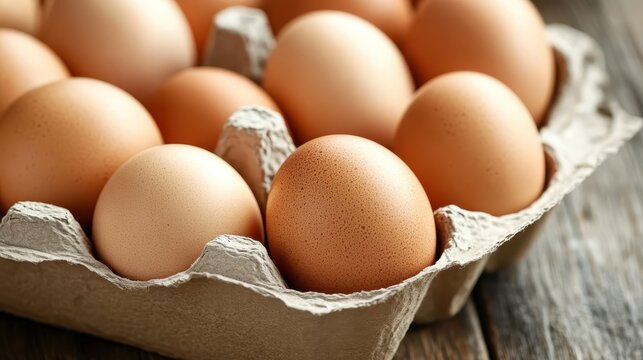 A carton filled with fresh brown eggs sits on a wooden table, emphasizing the farm-fresh quality of food and the simple pleasures found in nature's bounty. - Powered by Adobe