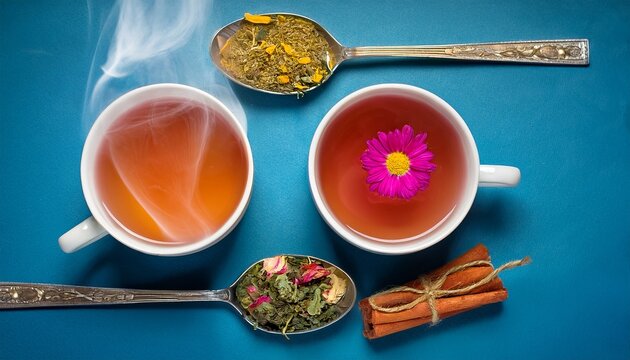 two steaming cups of herbal tea mint cinnamon rose chamomile in spoons on blue background tea cups rose
