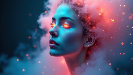 Una mujer serena con un brillo et&eacute;reo, que se desintegra lentamente en una niebla vibrante de color ne&oacute;n, que recuerda al polvo c&oacute;smico
